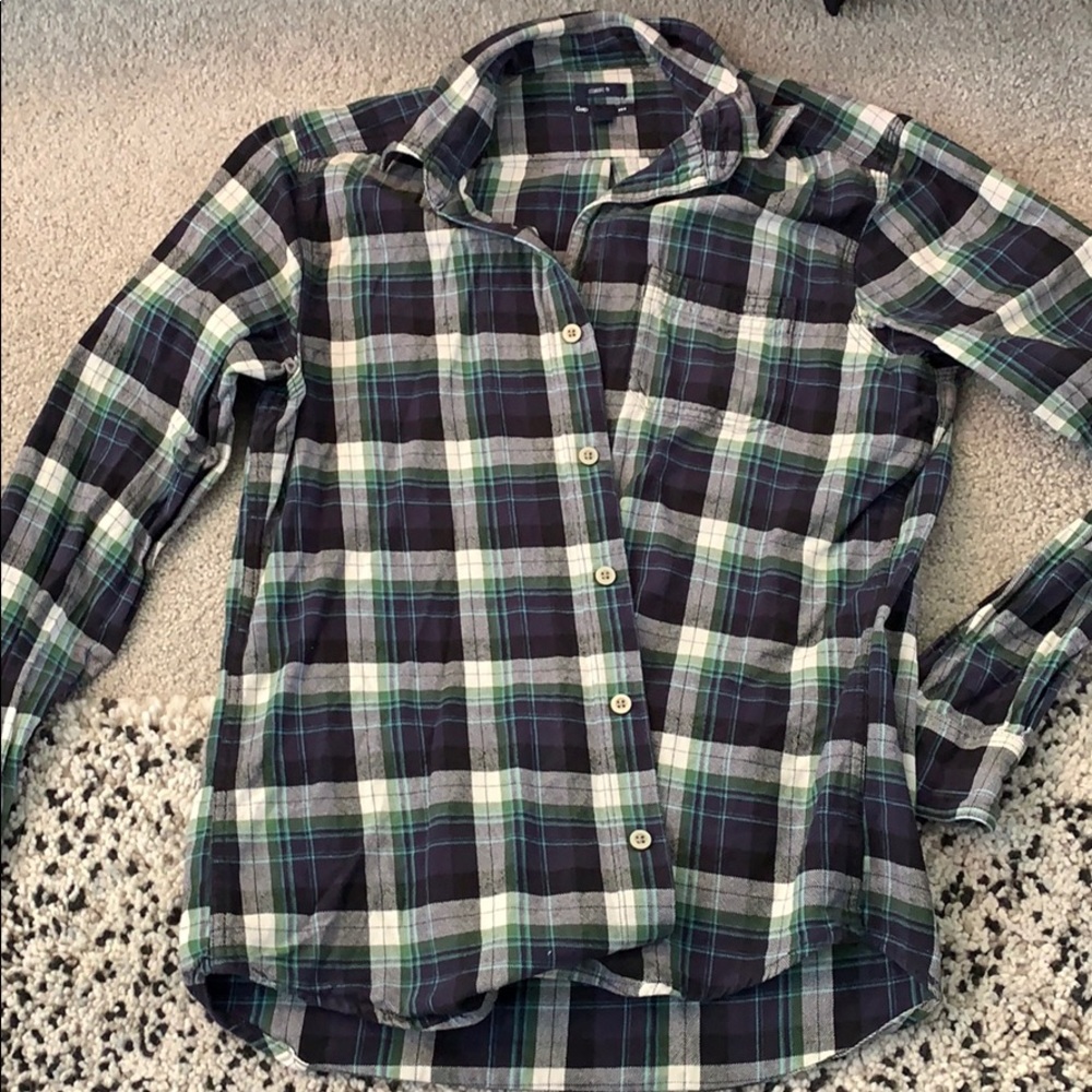 Green and blue plaid button up shirt
